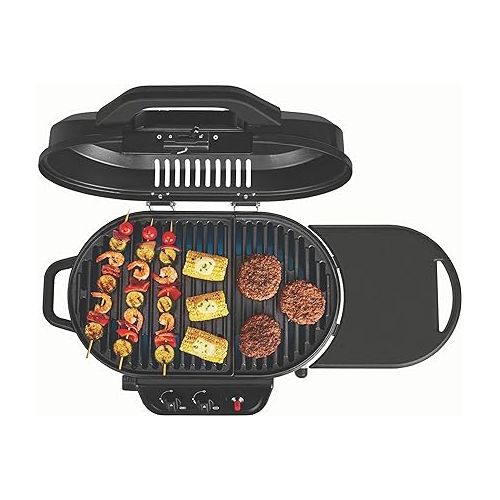 콜맨 Coleman RoadTrip 225 Portable Stand-Up Propane Grill, Gas Grill with Push-Button Starter, Folding Legs & Wheels, Side Table, & 11,000 BTUs of Power for Camping, Tailgating, Grilling & More