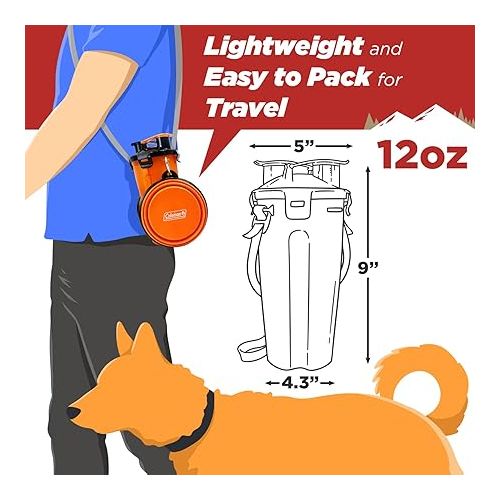 콜맨 Coleman 3 in 1 Food and Water Travel Bottle with Two Silicone Cat and Dog Bowls, 12-oz, Orange