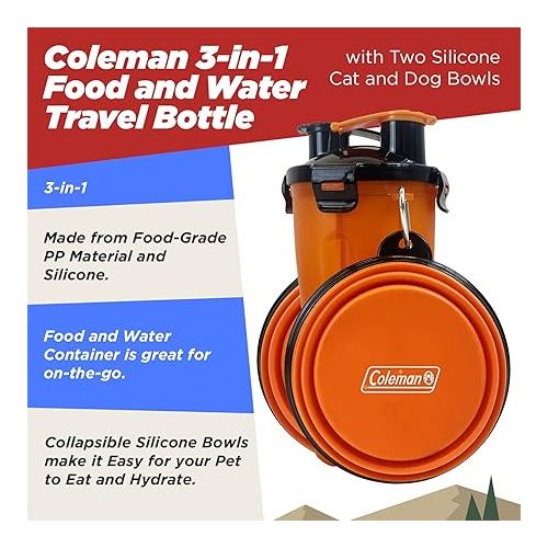 콜맨 Coleman 3 in 1 Food and Water Travel Bottle with Two Silicone Cat and Dog Bowls, 12-oz, Orange