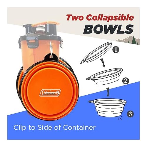 콜맨 Coleman 3 in 1 Food and Water Travel Bottle with Two Silicone Cat and Dog Bowls, 12-oz, Orange