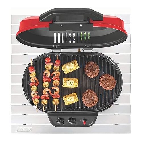 콜맨 Coleman RoadTrip 225 Portable Tabletop Propane Grill, Gas Grill with 2 Adjustable Burners, Instastart Ignition, & 11,000 BTUs of Power for Camping, Tailgating, Grilling & More