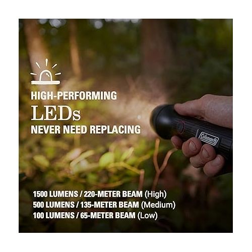 콜맨 Coleman Classic Recharge 800/1500 Lumens Premium Flashlight, Impact & Water-Resistant Lightweight Flashlight with Rechargeable Battery, LEDs Never Need Replacing, Great for Camping or Emergencies