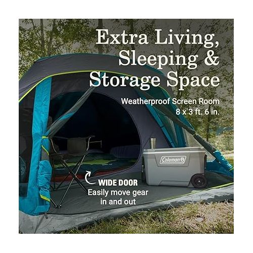 콜맨 Coleman Skydome Camping Tent with Dark Room Technology and Screened Porch, Weatherproof 4/6 Person Tent Blocks 90% of Sunlight, Sets Up in 5 Minutes, and Includes Extra Storage/Sleeping Place