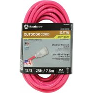 Coleman Cable 2577SW000A 25-Foot 12/3 Neon Outdoor Extension Cord, Made in The USA, Water Resistant Vinyl Jacket, Reinforced Blades, Clear Molded Plug with Power Indicated Light, F