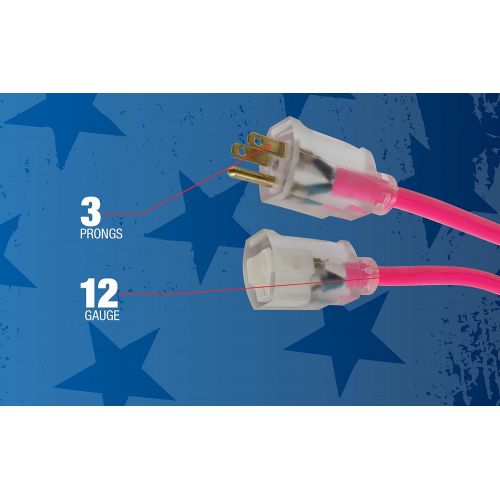 콜맨 Coleman Cable 2577SW000A 25-Foot 12/3 Neon Outdoor Extension Cord, Made in The USA, Water Resistant Vinyl Jacket, Reinforced Blades, Clear Molded Plug with Power Indicated Light, F