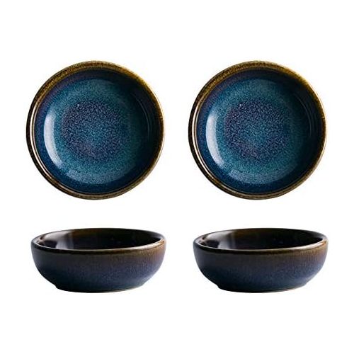  Colias Wing 2.5 Inch Vintage Blue with Brown Edge Stylish Design Multipurpose Porcelain Side Dish Bowl Seasoning Dishes Soy Dipping Sauce Dishes-Set of 4-Blue