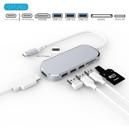  Coling Type C Adapter, 7 in 1 Adapter with Type C PD Charging Port, 4K HDMI Port, SDMicro Card Reader, 3 Port USB 3.0 HUB For MacBook Pro 201620172018,Dell XPS,Chromebook And More Type