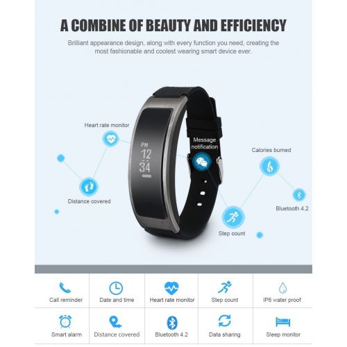  Waterproof Fitness Tracker Wristband Watch, Collasaro Activity Tracker Smartband with Heart Rate Monitor, Call Reminder, Pedomter Support iOS and Android Smartphones (Silver/Black)