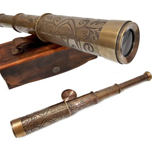  [아마존베스트]A Brass Nautical Handmade Retro Telescope Vintage Leather Box Pirate Movie Prop Designer Spyglass