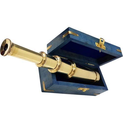  [아마존베스트]CollectiblesBuy Nautical Handheld Solid Brass Telescope Blue Wooden Box Pirate Spyglass Sailor Scope Antique