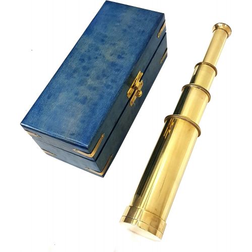  [아마존베스트]CollectiblesBuy Nautical Handheld Solid Brass Telescope Blue Wooden Box Pirate Spyglass Sailor Scope Antique