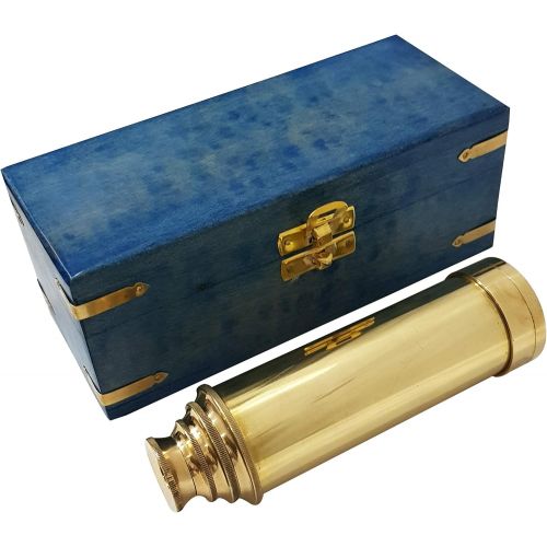  [아마존베스트]CollectiblesBuy Nautical Handheld Solid Brass Telescope Blue Wooden Box Pirate Spyglass Sailor Scope Antique