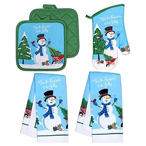  [아마존베스트]Collection Christmas Kitchen Towel Set 5 Piece 2 Pot Holders & Towels with 1 Oven Mitt (Snowman)