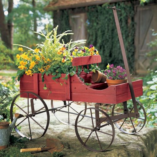  Collections Etc Amish Wagon Decorative Indoor/Outdoor Garden Backyard Planter, Red
