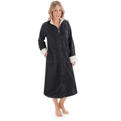  Collections Etc Womens Zip Front Plush Knit Robe, Medium, Navy