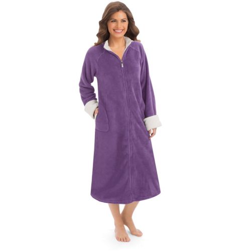  Collections Etc Womens Zip Front Plush Knit Robe, Medium, Navy