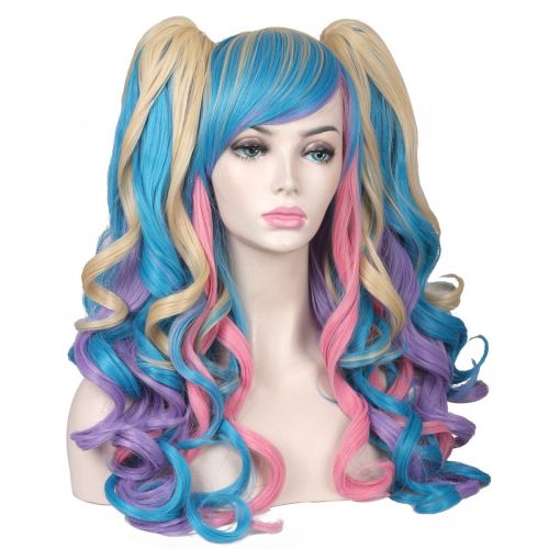  ColorGround Long Curly Cosplay Wig with 2 Ponytails(Pink/Blue/Blonde)