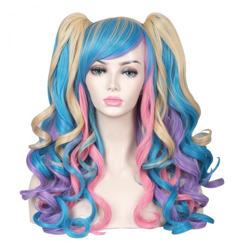  ColorGround Long Curly Cosplay Wig with 2 Ponytails(Pink/Blue/Blonde)