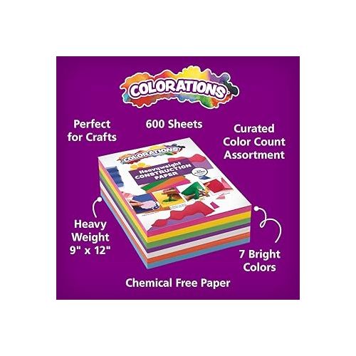  Colorations Construction Paper for Kids - 7 Bright Colors - 600 Bulk Sheets of 9