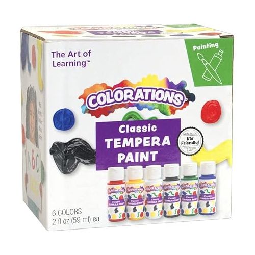  Colorations Tempera Paint, Rainbow Colors, Set of 6, 2 OZ EA, Red, Blue, Green, White, Yellow, Black