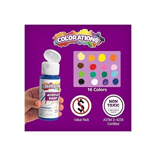  Colorations Acrylic Paint Set, 16 Colors. Assorted, Matte Finish, Acrylic Craft Paint Set, 2oz Bottles, Smooth Paint, Dries Quickly, Non Toxic, Craft Paint for Paper, Wood, Ceramics, Fabric and Canvas