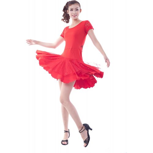  Colorfulworldstore Milk silk Lace Sleeves Sequin Tunic lady salsa tango Ballroom Latin Dance Dress
