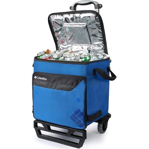 컬럼비아 Columbia Crater Peak Wheeled Cooler - 50 Can Rolling Cooler - Blue Collapsible Cooler with Super Foam Insulation and Foldable All-Terrain Cart with Wheels