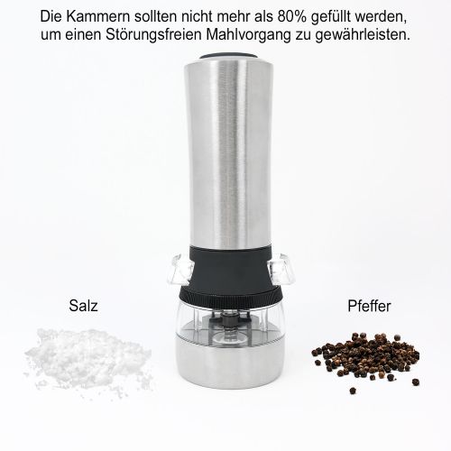  Com-four com-four Elektrische 2 in 1 Salz- und Pfeffermuehle aus Edelstahl mit Keramik-Mahlwerk (01 Stueck - Keramikmahlwerk)