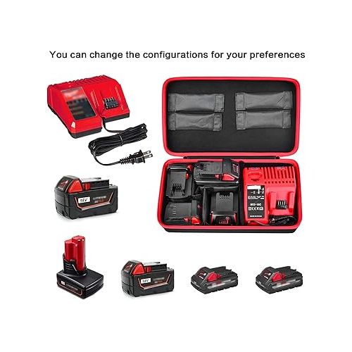  Extra Large Battery Hard Carrying Case, For Milwaukee M18 18V/ M12 12V Battery and Charger, Batteries Box Holder for 2.0/3.0/4.0/6.5/5.0/8.0/6.0/9.0-Ah Batteries, Adapter (Bag Only) - Black