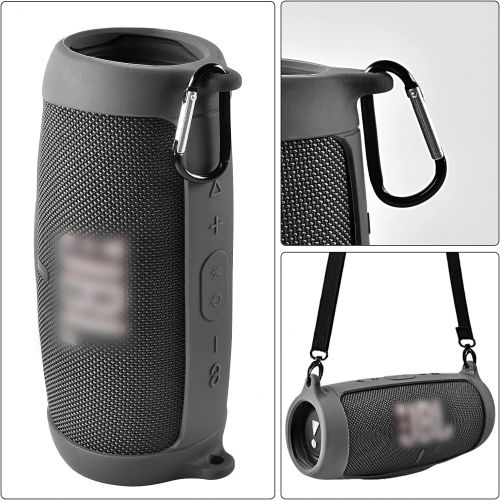  Comecase Silicone Case Cover for JBL Charge 5 Waterproof Portable Bluetooth Speaker, Travel Carrying Protective Gel Soft Skin, Waterproof Rubber Pouch with Shoulder Strap and Carabiner - Bl