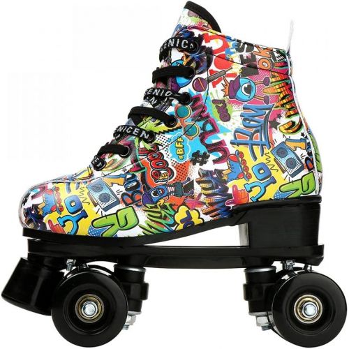  Comeon Roller Skates Women Black PU Leather High-Top Four Wheels Double Row Roller Skates Outdoor Indoor Skating Shoes