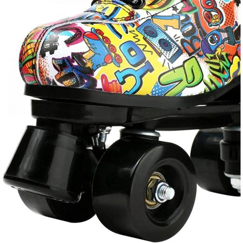  Comeon Roller Skates Women Black PU Leather High-Top Four Wheels Double Row Roller Skates Outdoor Indoor Skating Shoes