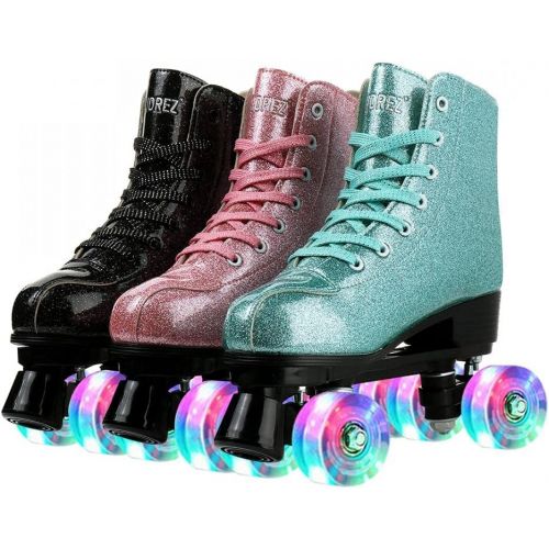  [아마존베스트]Comeon Womens Roller Skates PU Leather, Adjustable Shiny Skates, Light Up 4 Wheels Double Row Roller Skates for Girls