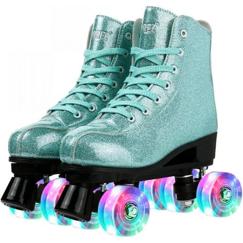  [아마존베스트]Comeon Womens Roller Skates PU Leather, Adjustable Shiny Skates, Light Up 4 Wheels Double Row Roller Skates for Girls