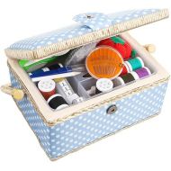 Medium Sewing Basket Organizer with Complete Sewing Kit Accessories Included, Wooden Sewing Box Kit with Removable Tray and Tomato Pincushion for Sewing Mending, Blue