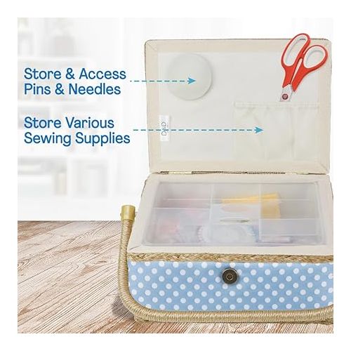  Medium Sewing Basket Organizer with Complete Sewing Kit Accessories Included, Wooden Sewing Box Kit with Removable Tray and Tomato Pincushion for Sewing Mending, Blue