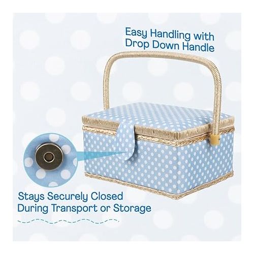 Medium Sewing Basket Organizer with Complete Sewing Kit Accessories Included, Wooden Sewing Box Kit with Removable Tray and Tomato Pincushion for Sewing Mending, Blue