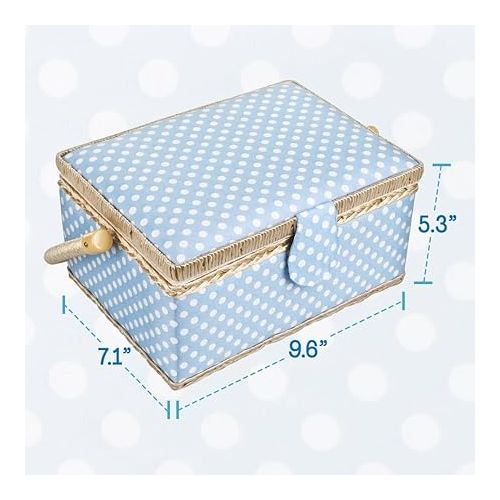  Medium Sewing Basket Organizer with Complete Sewing Kit Accessories Included, Wooden Sewing Box Kit with Removable Tray and Tomato Pincushion for Sewing Mending, Blue