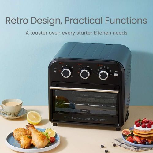  COMFEE Retro Air Fryer Toaster Oven, 7-in-1, 1250W, 14QT Capacity, 4 Slice, Air Fry, Bake, Broil, Toast, Warm, Convection Broil, Convection Bake, Black, Perfect for Countertop (CO-