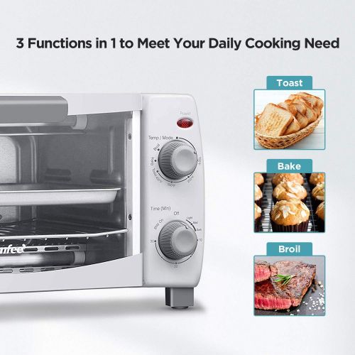  COMFEE Toaster Oven Countertop, 4-Slice, Compact Size, Easy to Control with Timer-Bake-Broil-Toast Setting, 1000W, White (CFO-BB102)