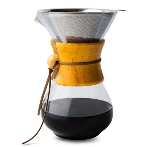  Comfify Pour Over Kaffeekaraffe aus Borosilikatglas und wiederverwendbarem Edelstahl Permanent-Filter - Manuelle Kaffeemaschine mit echtem helllbraunem Holzmantel - 887ml - Kostenl