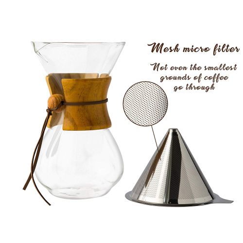  Comfify Pour Over Kaffeekaraffe aus Borosilikatglas und wiederverwendbarem Edelstahl Permanent-Filter - Manuelle Kaffeemaschine mit echtem helllbraunem Holzmantel - 887ml - Kostenl