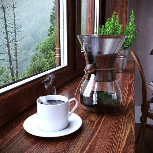  Comfify Pour Over Kaffeekaraffe aus Borosilikatglas und wiederverwendbarem Edelstahl Permanent-Filter - Manuelle Kaffeemaschine mit echtem dunkelbraunem Holzmantel - 30 oz. - Koste