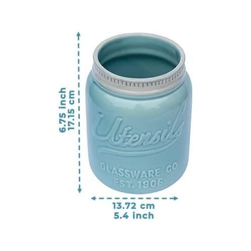  Comfify Wide Mouth Mason Jar Utensil Holder Decorative Kitchenware Organizer Crock, Chip Resistant Ceramic, Dishwasher Safe - Kitchen Caddy Aqua Blue, Large Size 7 High