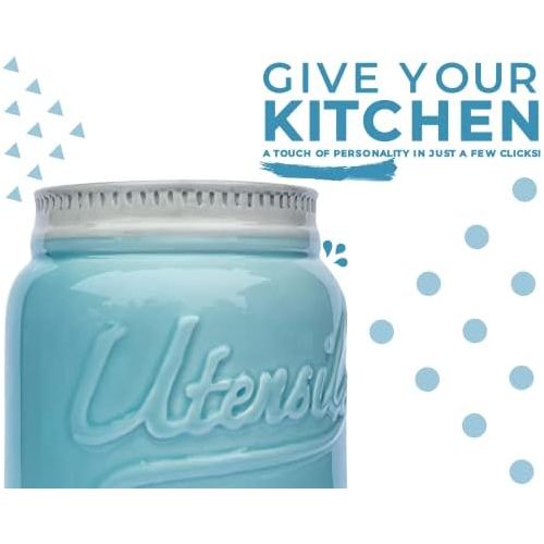  Comfify Wide Mouth Mason Jar Utensil Holder Decorative Kitchenware Organizer Crock, Chip Resistant Ceramic, Dishwasher Safe - Kitchen Caddy Aqua Blue, Large Size 7 High