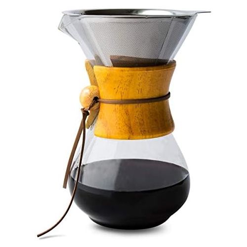  Comfify Pour Over Borosilicate Glass Coffee Carafe and Reusable Stainless Steel Permanent Filter Manual Coffee Machine with Real Dark Brown Wood Coat 887ml Free Ebook (Englis