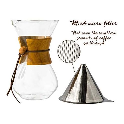  Comfify Pour Over Borosilicate Glass Coffee Carafe and Reusable Stainless Steel Permanent Filter Manual Coffee Machine with Real Dark Brown Wood Coat 887ml Free Ebook (Englis