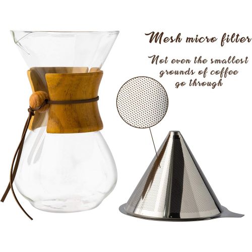  Comfify Pour Over Borosilicate Glass Coffee Carafe and Reusable Stainless Steel Permanent Filter Manual Coffee Machine with Real Dark Brown Wood Coat 887ml Free Ebook (Englis