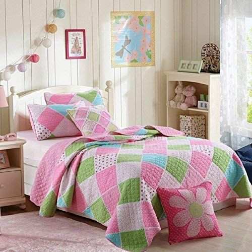  Comforbed 3-Piece Stitching Diamond Polka Dot Floral Patchwork Bedspread Quilt Set for Girls Children Kids Queen