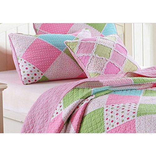  Comforbed 3-Piece Stitching Diamond Polka Dot Floral Patchwork Bedspread Quilt Set for Girls Children Kids Queen